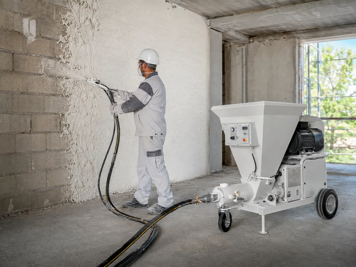 Professional applying gypsum plaster with a complete mixing and pumping machine